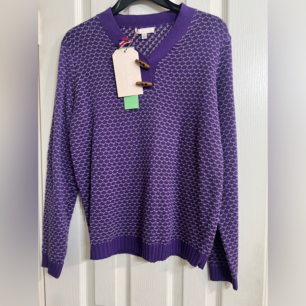 NWT Une Ame Purple Patterned Sweater with wooden buttons size Small
